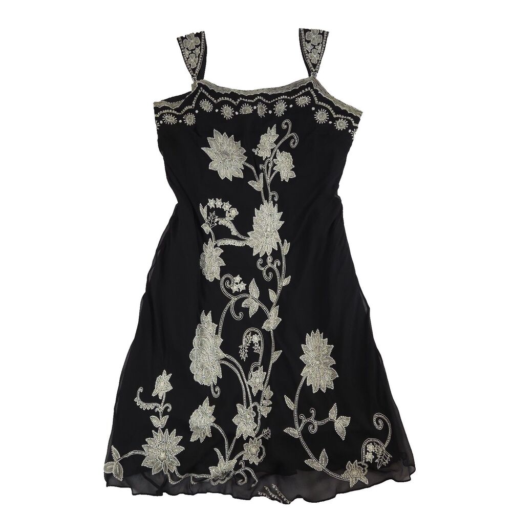Vintage 90s Y2K Marina Bresler Beaded Silk Midi Dress Black White 18 Whimsigoth